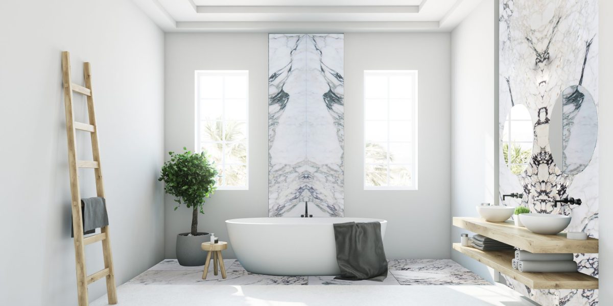 White and blue bathroom interior with a round white tub, two narrow windows, a tree in a pot and a ladder in a corner. Side view. 3d rendering mock up
